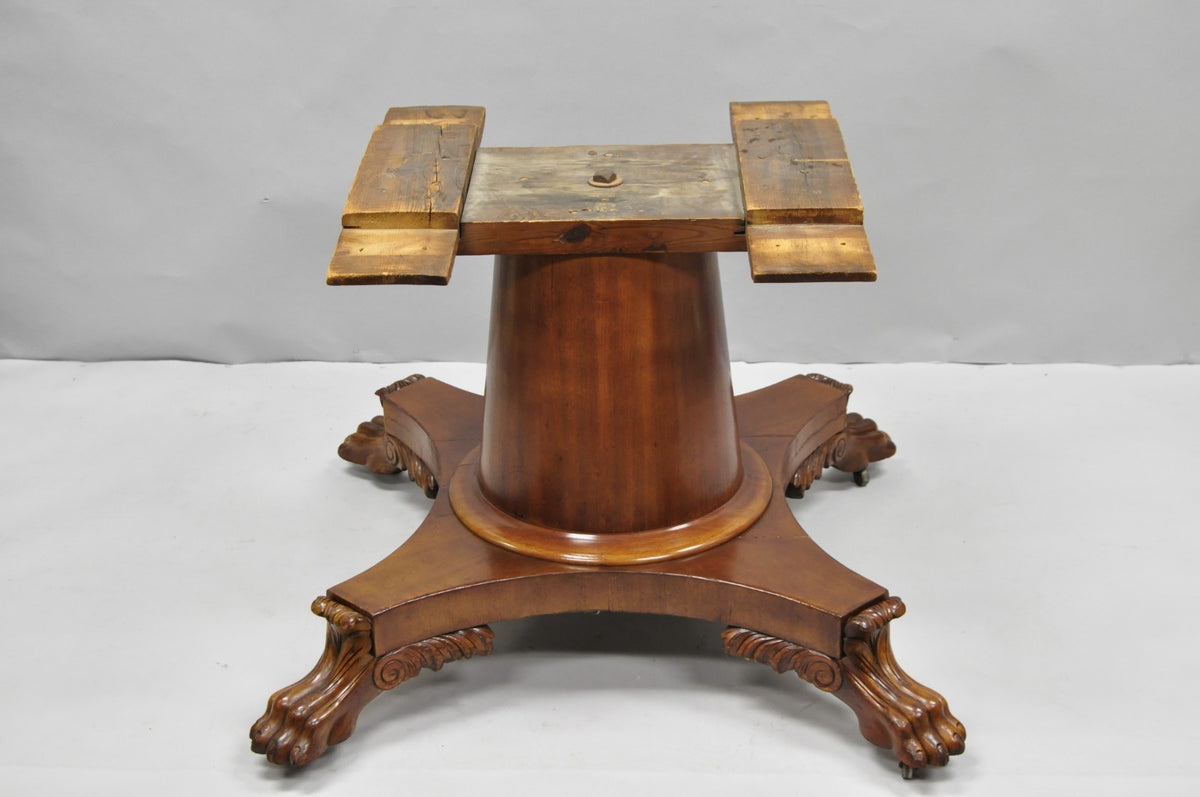 Antique American Empire 54" Square Mahogany Paw Foot Pedestal Base Dining Table