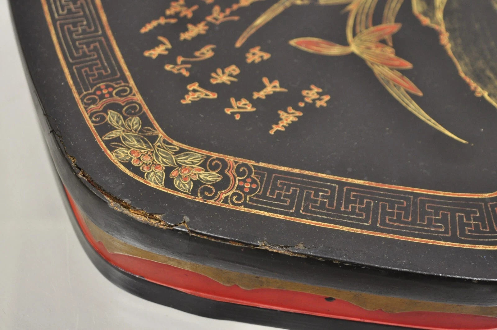 Vintage Chinese Black & Red Lacquer Floral Painted Lidded Wooden Tea Caddy Box