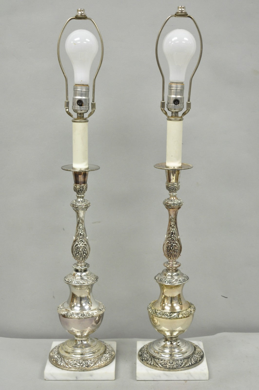 International Victorian Silver Plate Floral Repousse Candlestick Table Lamp Pair