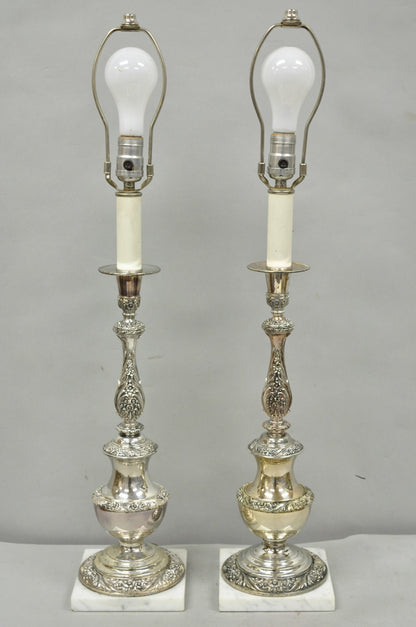 International Victorian Silver Plate Floral Repousse Candlestick Table Lamp Pair