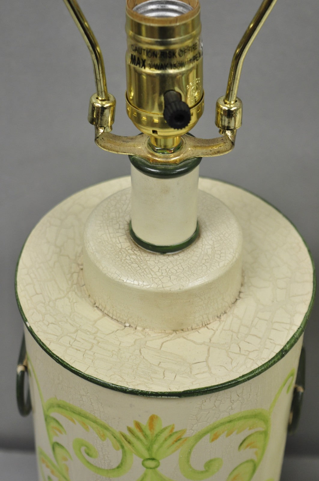 French Country Cream & Green Distressed Tole Metal Cylinder Table Lamps - a Pair