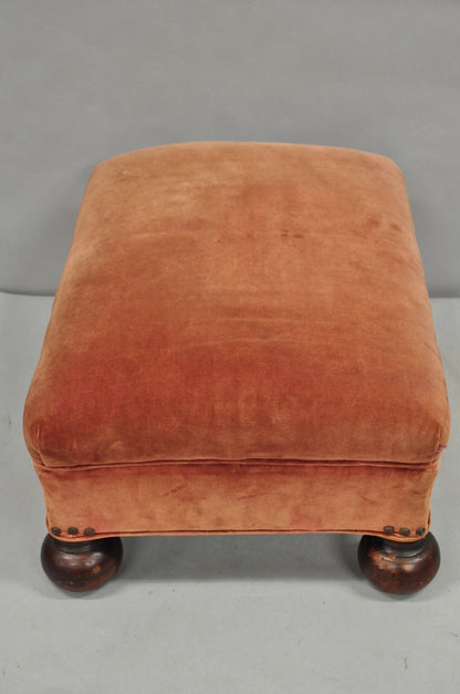 Vintage Jacobean William & Mary Walnut Bun Feet Upholstered Ottoman Footstool