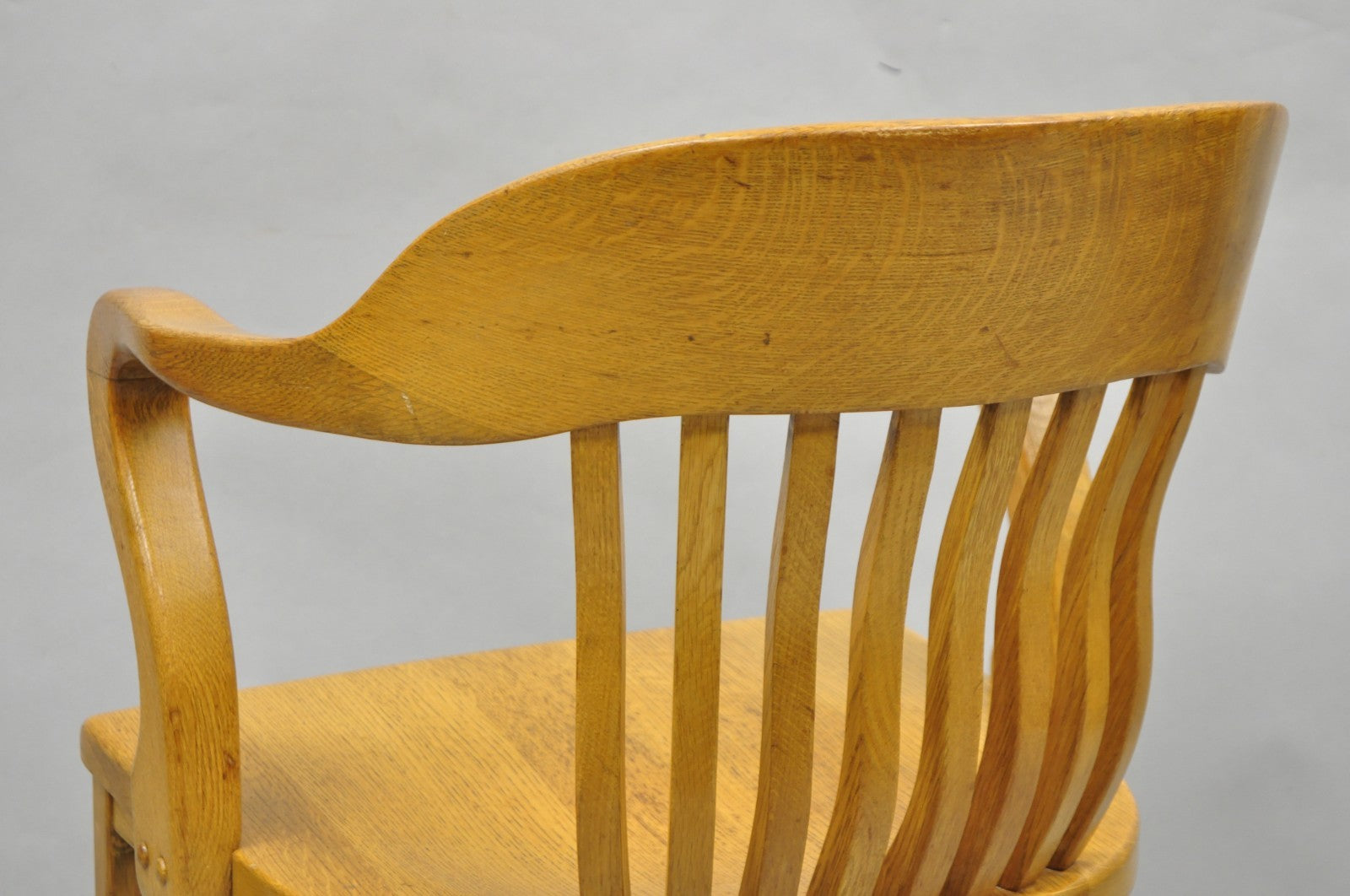 Traditional Antique Solid Golden Oak Wood Office Library Bankers Arm Chair