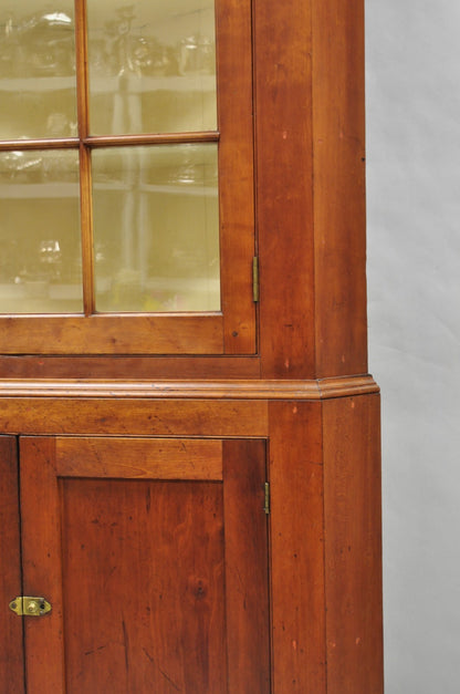 Antique Colonial Primitive Cherry Wood Glass Front Corner China Cabinet Cupboard