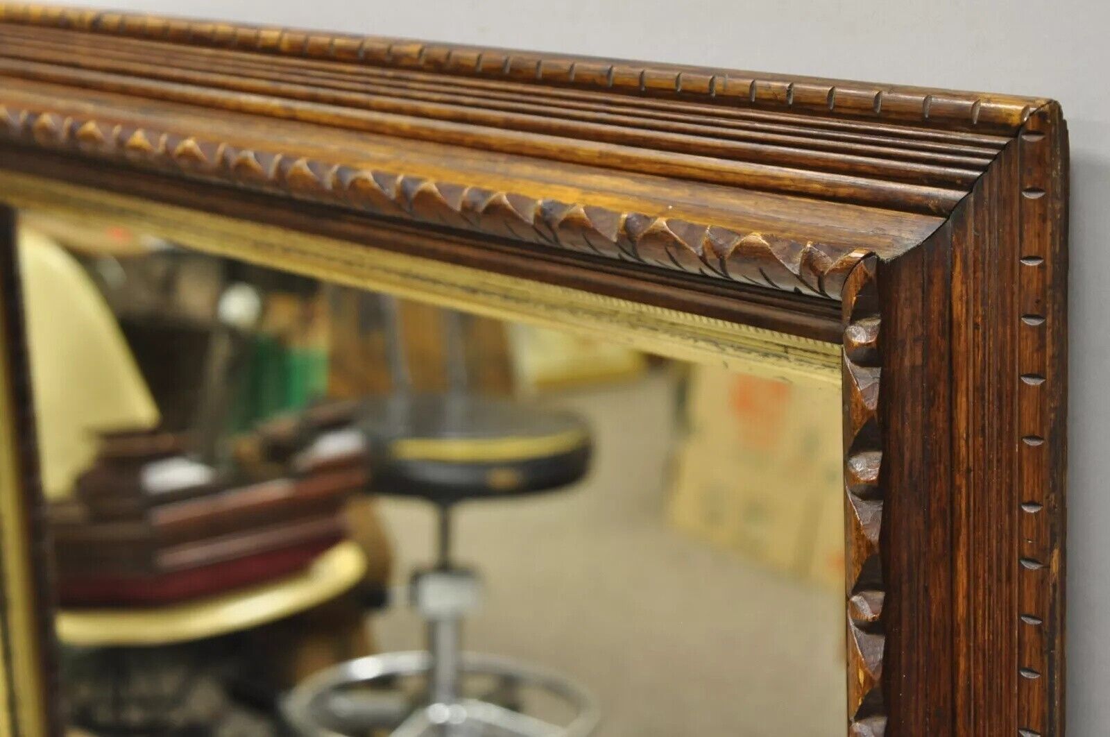 19th C American Victorian Hand Carved Oak Wood Gold Gilt Shadow Box Wall Mirror