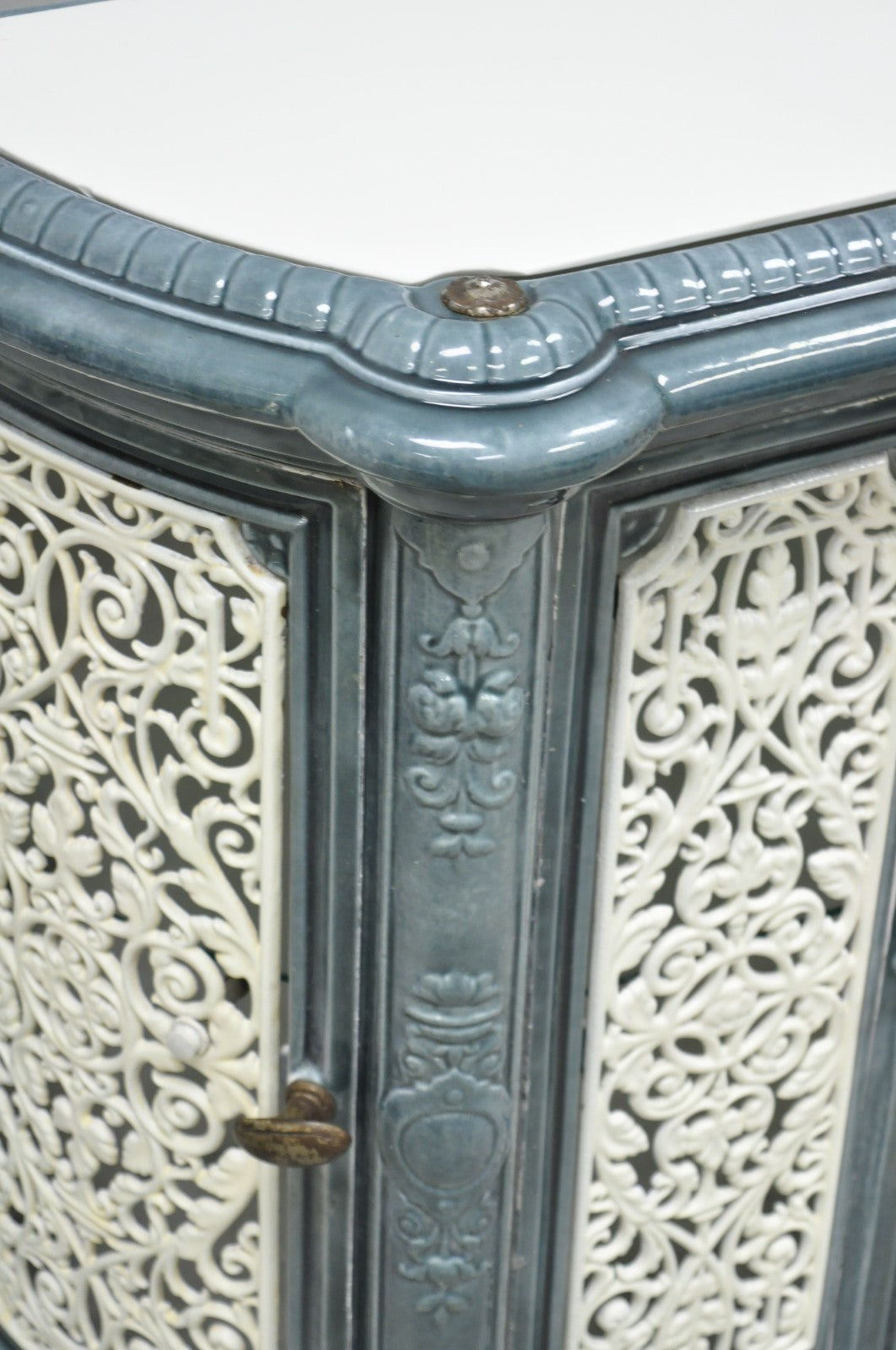 Antique French Victorian Blue White Porcelain Enamel Cast Iron Radiator Cover