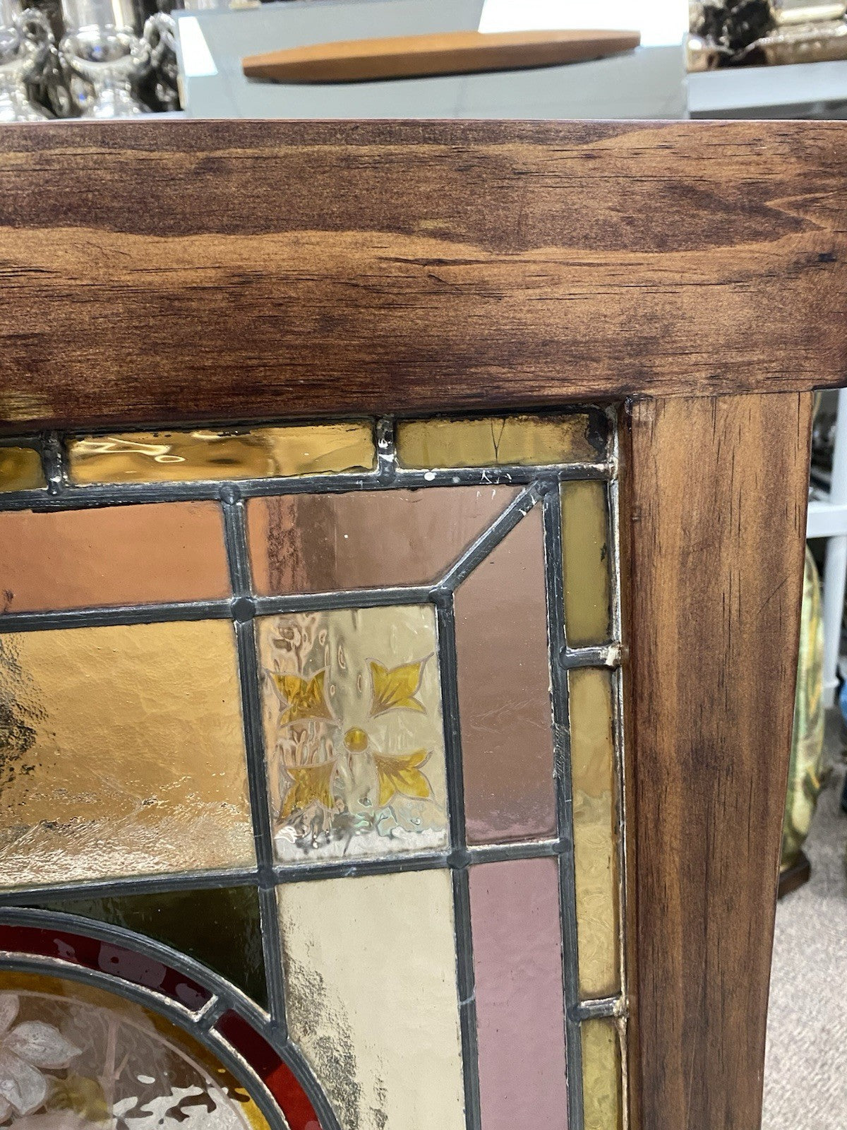 Antique French Art Nouveau Stained Leaded Glass Windows with Birds - a Pair
