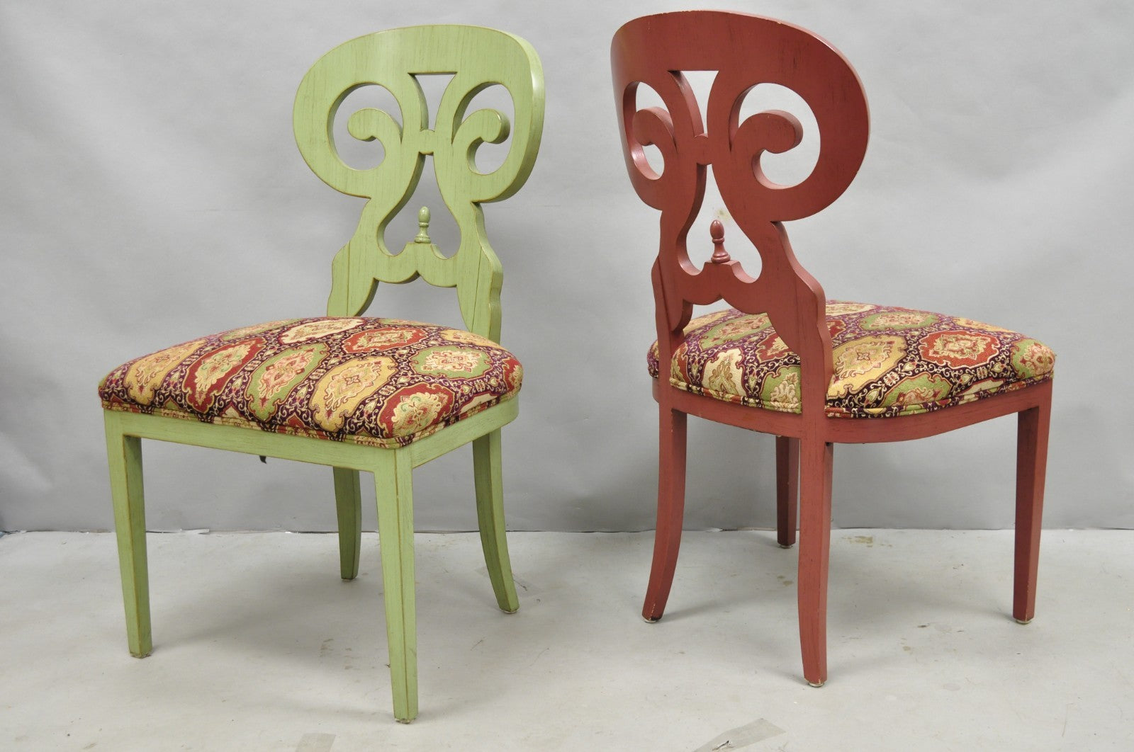 Contemporary Regency Style Red Green Yellow Scroll Back Dining Chairs - Set of 8