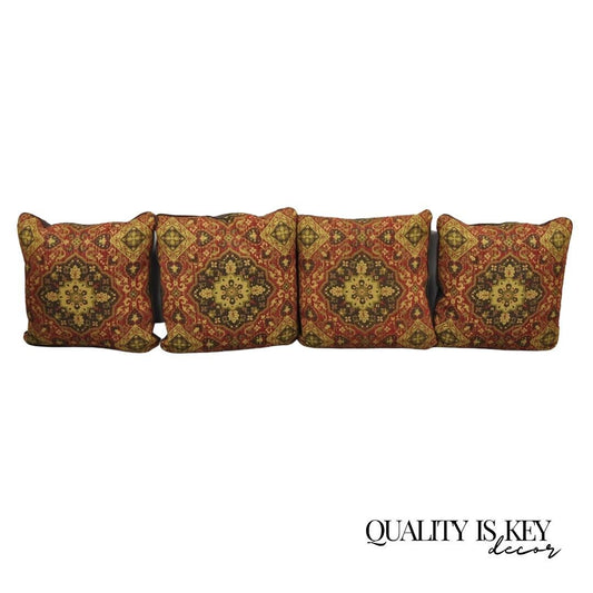 4 Contemporary Mediterranean Style Red and Brown Tapestry Faux Leather Pillows