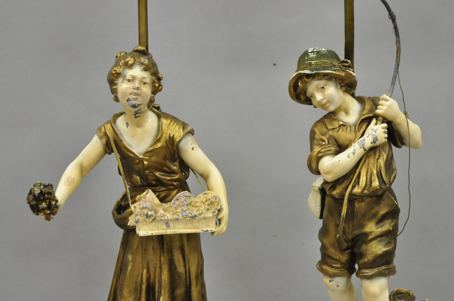 Antique French Victorian Moreau Figural Metal Boy and Girl Table Lamps (B), Pair