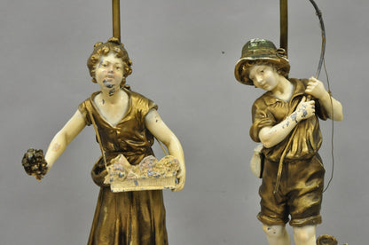 Antique French Victorian Moreau Figural Metal Boy and Girl Table Lamps (B), Pair
