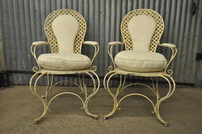 Vintage French Country Wrought Iron Lattice Scrolling Arm Chairs (A) - Pair