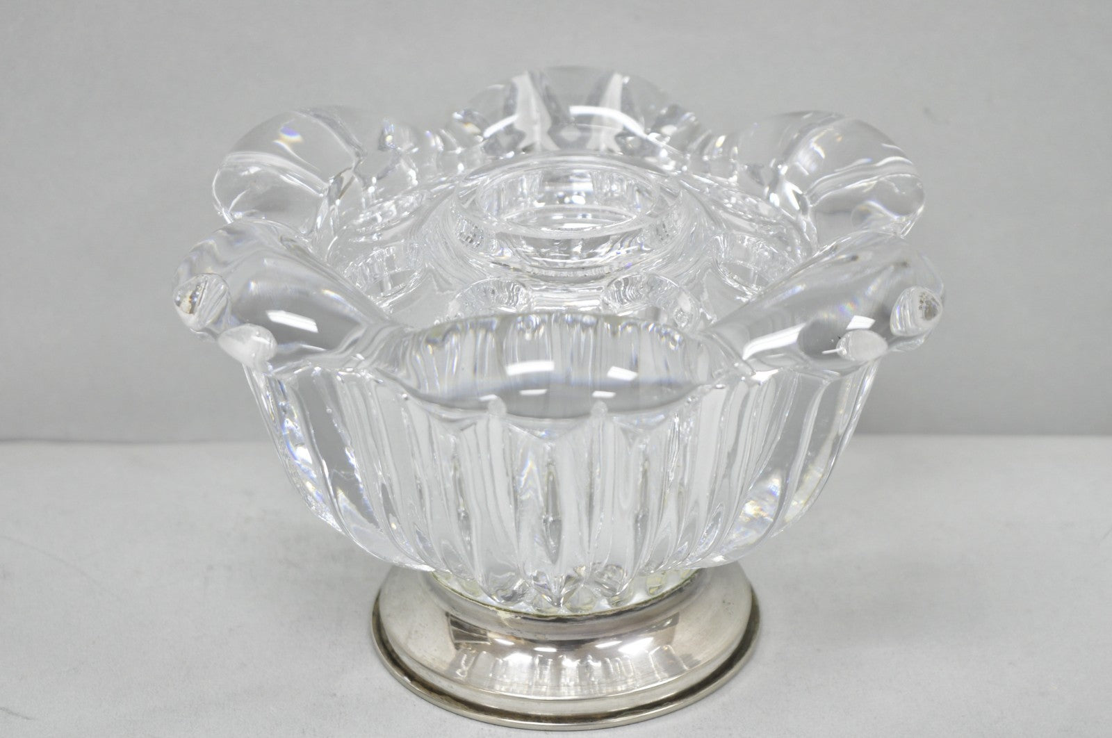 Vintage French Mid Century Modern Crystal Glass Flower Frog Flower Holder Vase