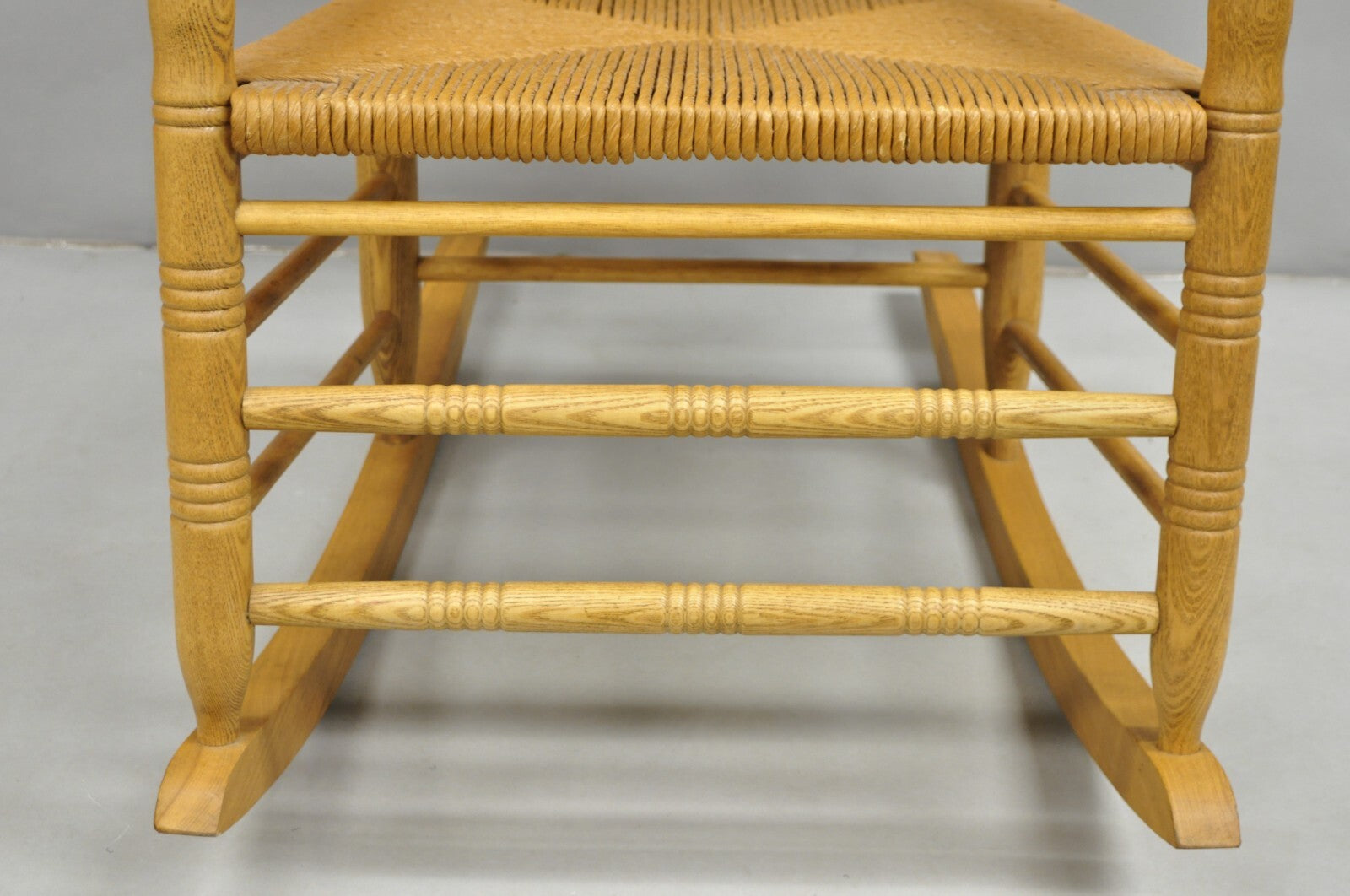 American Primitive Rustic Oak Wood Rush Seat Rocking Chair by Cracker Barrel
