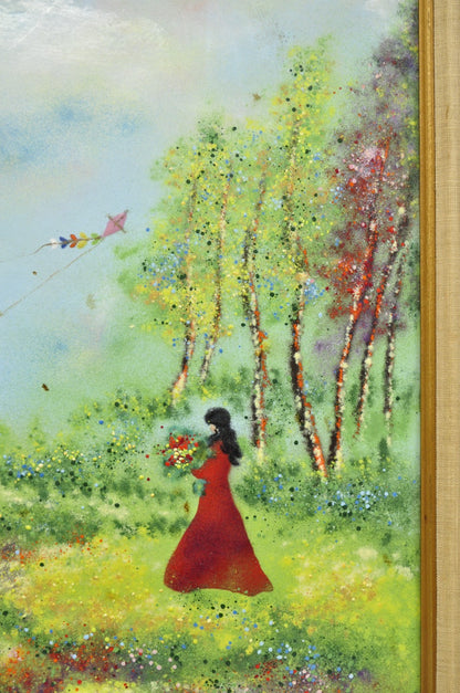 Vintage Louis Cardin Enamel on Copper Painting Framed "Woman with Boys & Kite"
