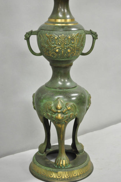 Chinoiserie James Mont Style Green Bronze Chinese Foo Dog Table Lamps - a Pair