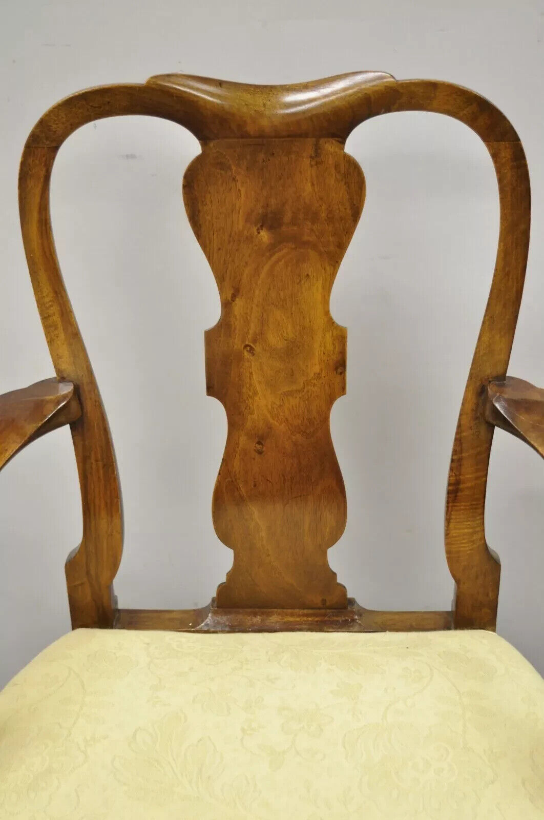 Antique 19th C English Queen Anne Carved Burr Walnut Splat Back Dining Arm Chair