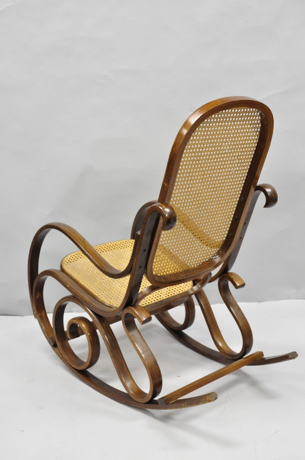 Vintage Mid Century Modern Thonet Style Bentwood & Cane Rocker Rocking Chair (C)