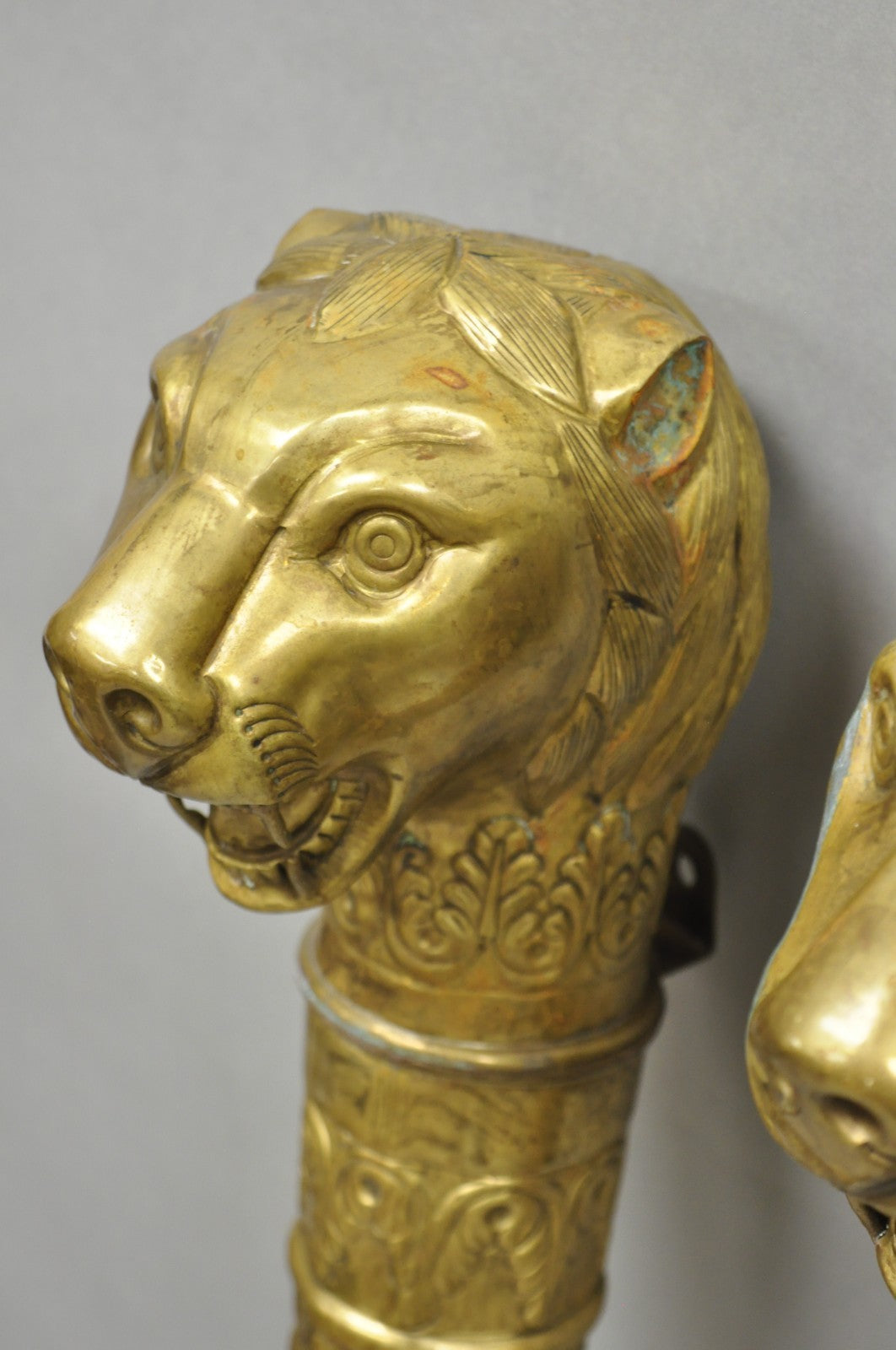 Vintage Italian Regency Neoclassical Large Brass Lion Sconce Door Handles Pair