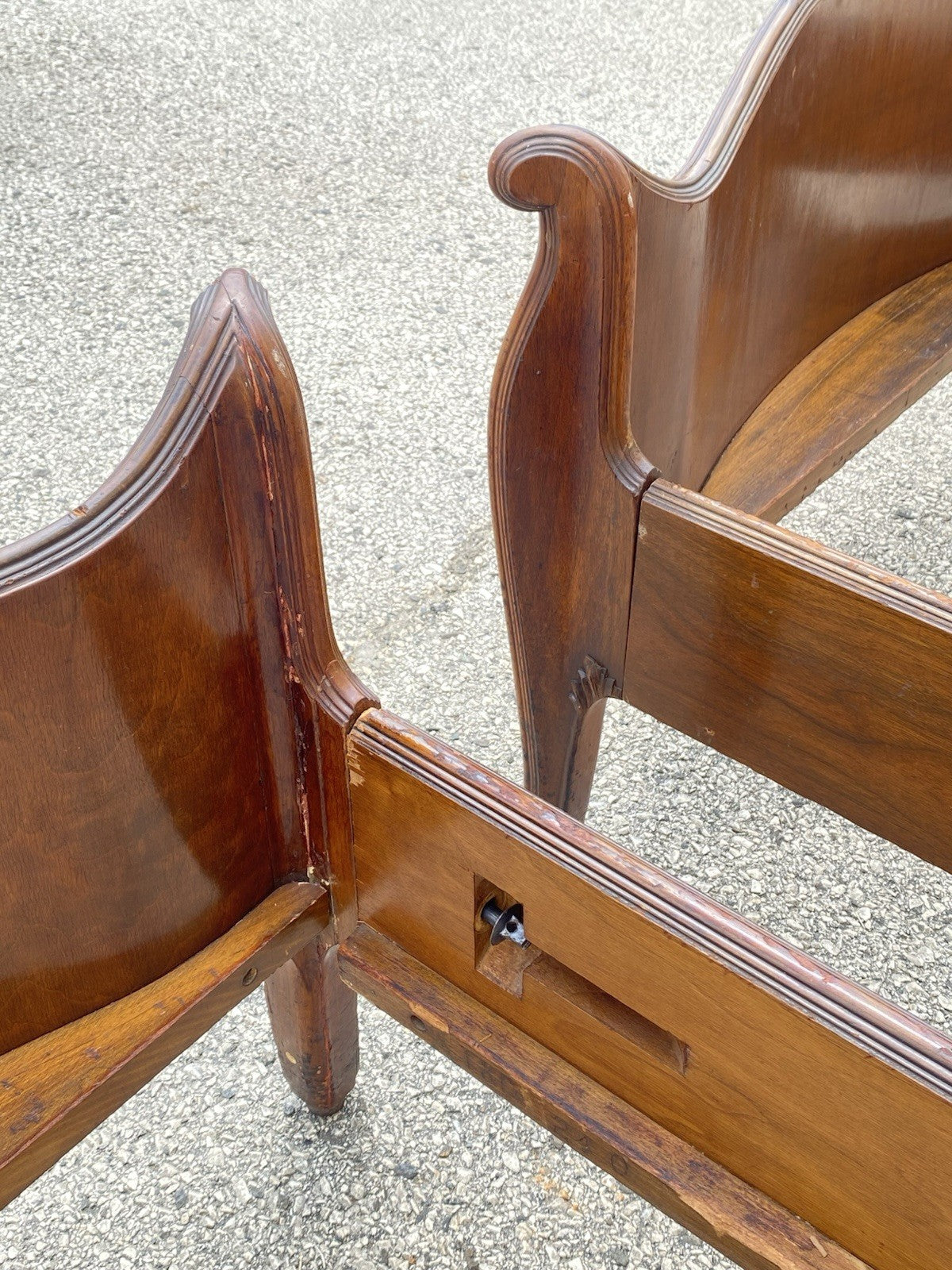 Antique French Louis XV Style Walnut Satinwood Inlay Twin Bed Frames - a Pair