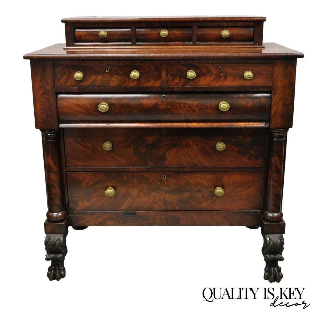 Antique American Empire Crotch Mahogany Step Back Tall Chest Dresser w/ Paw Feet