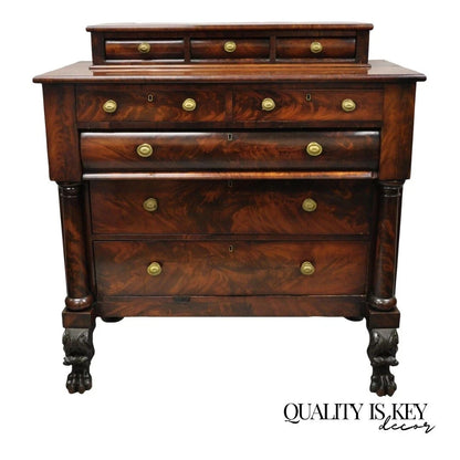 Antique American Empire Crotch Mahogany Step Back Tall Chest Dresser w/ Paw Feet