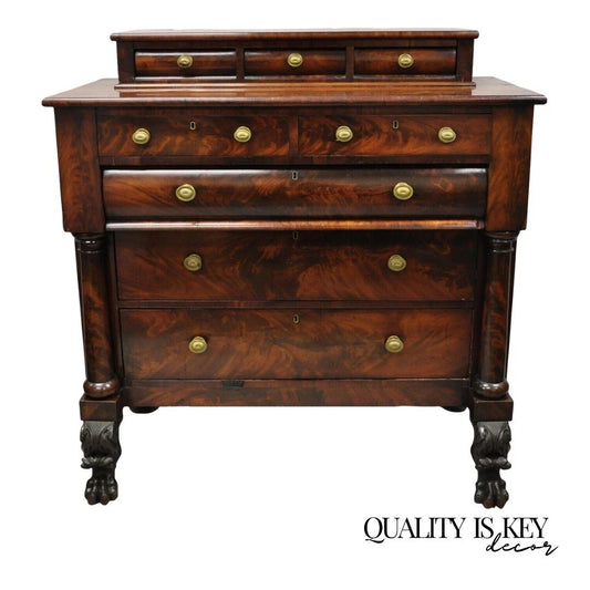 Antique American Empire Crotch Mahogany Step Back Tall Chest Dresser w/ Paw Feet