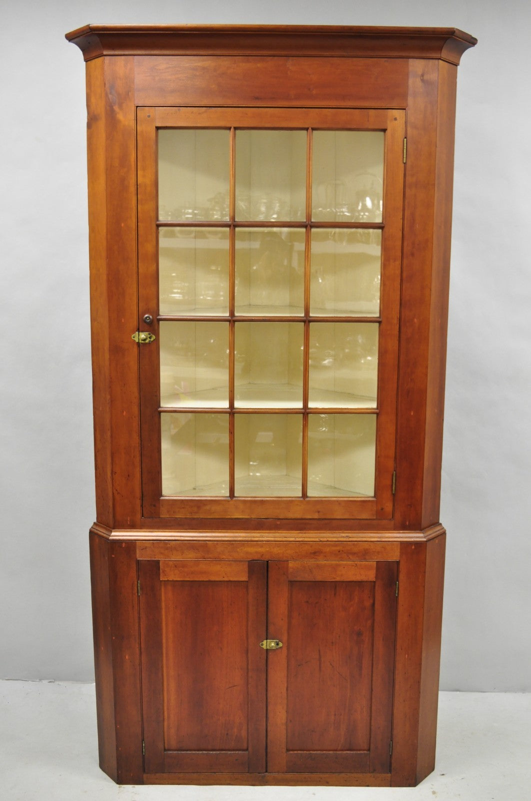 Antique Colonial Primitive Cherry Wood Glass Front Corner China Cabinet Cupboard