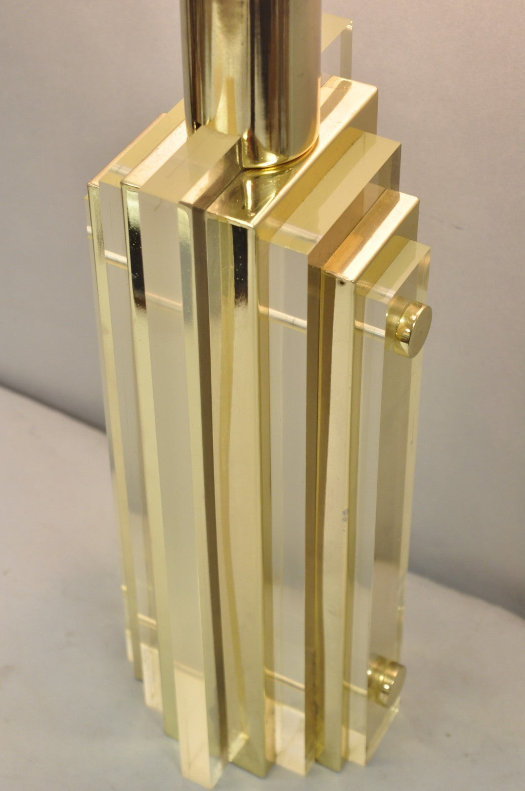 Vintage Mid Century Modern Lucite & Brass Cityscape Skyscraper Table Lamp