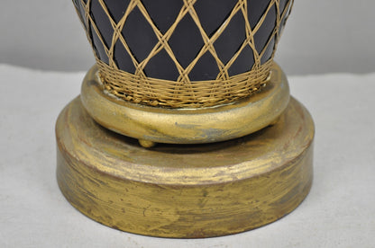 Antique Chinoiserie Japanese Cobalt Blue Porcelain Vase Brass Lattice Table Lamp