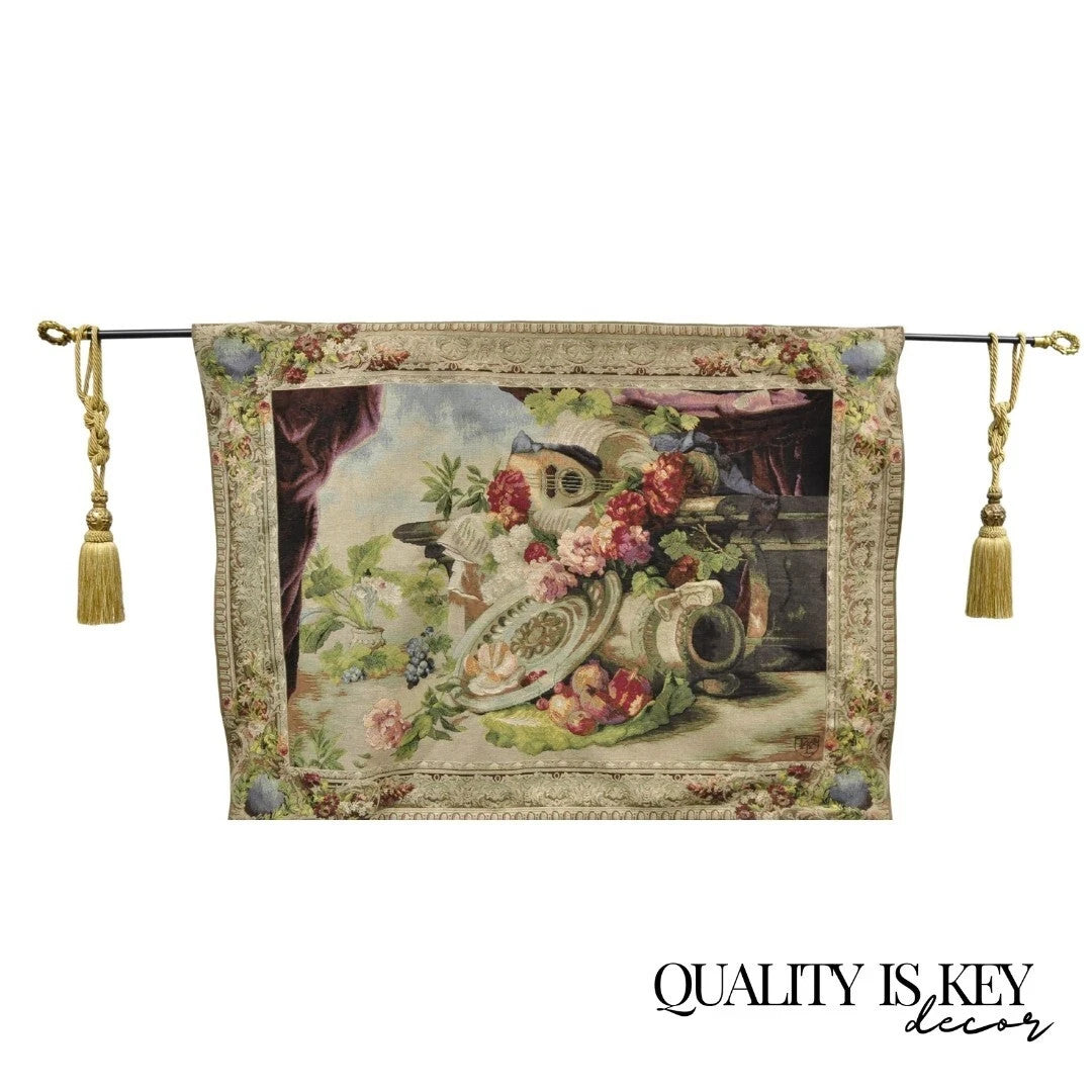 Jacquard Woven French Wall Tapestry Still Life Flowers & Mandolin by J&D