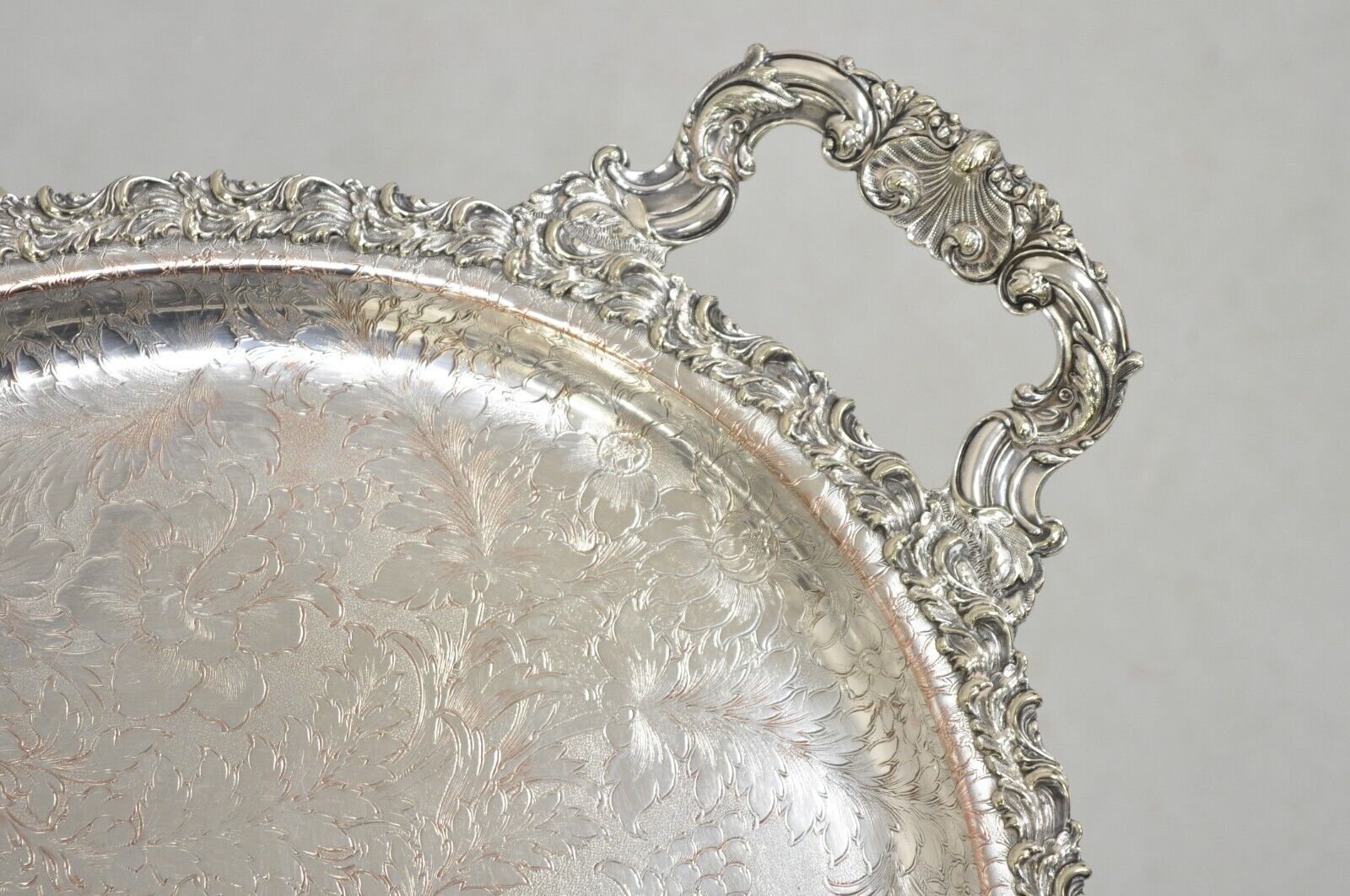 Antique English Victorian Art Nouveau Floral Repousse Oval Serving Platter Tray