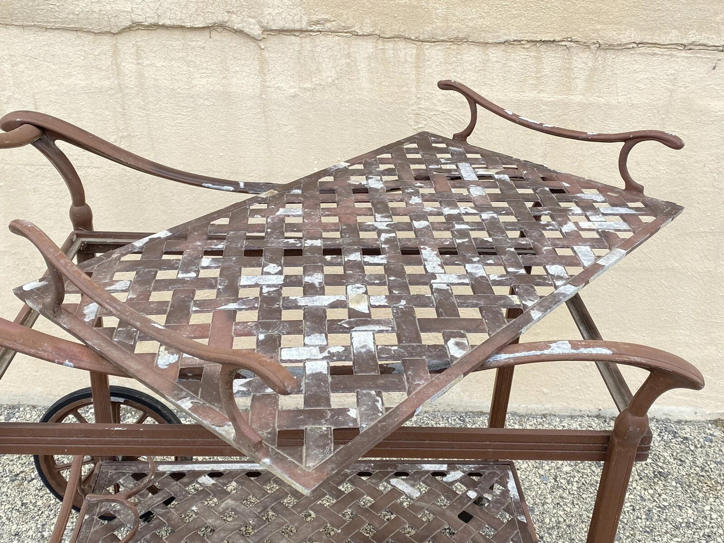 Cast Aluminum Metal Lattice Garden Patio Serving Bar Tea Cart Side Table