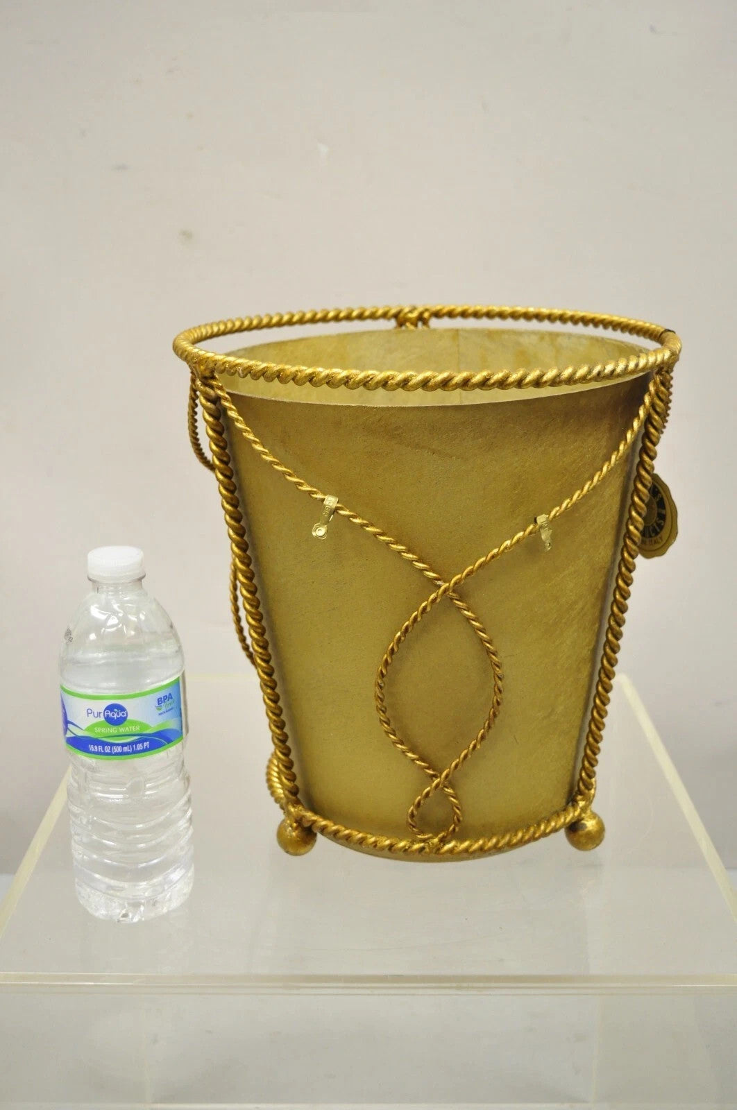 Vintage Italian Hollywood Regency Gold Gilt Iron Tole Wastebasket Trashcan