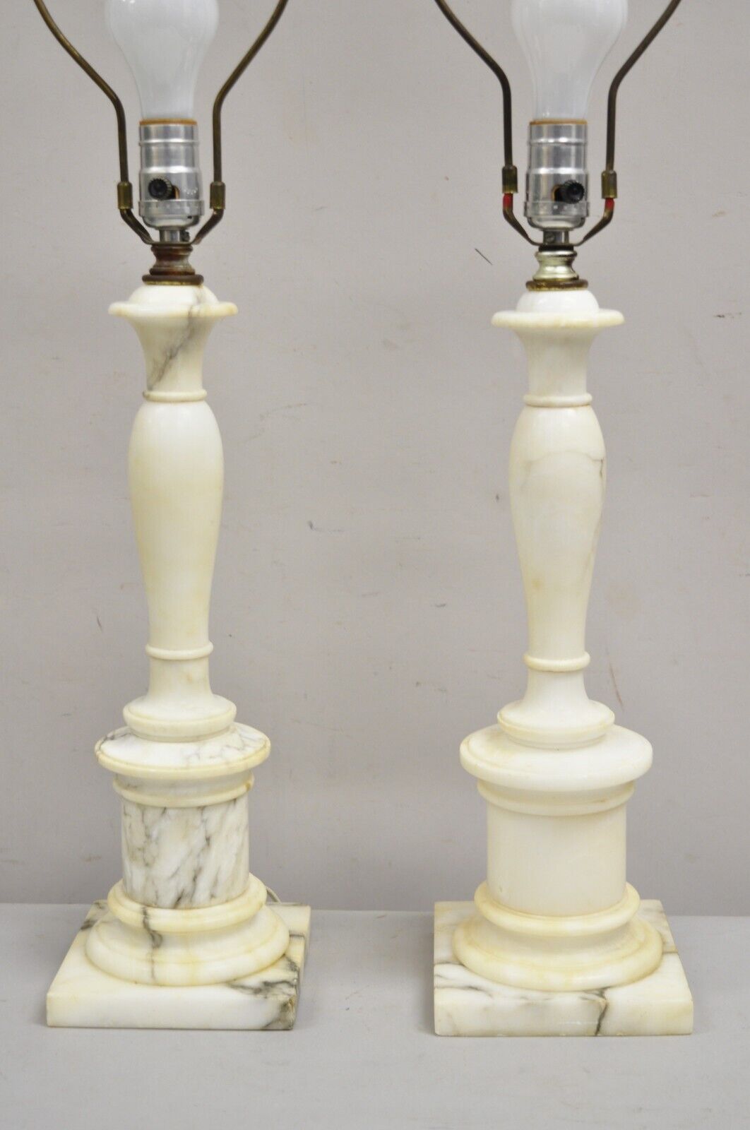 Vintage Italian Classical Carved White Marble Column Table Lamps - a Pair