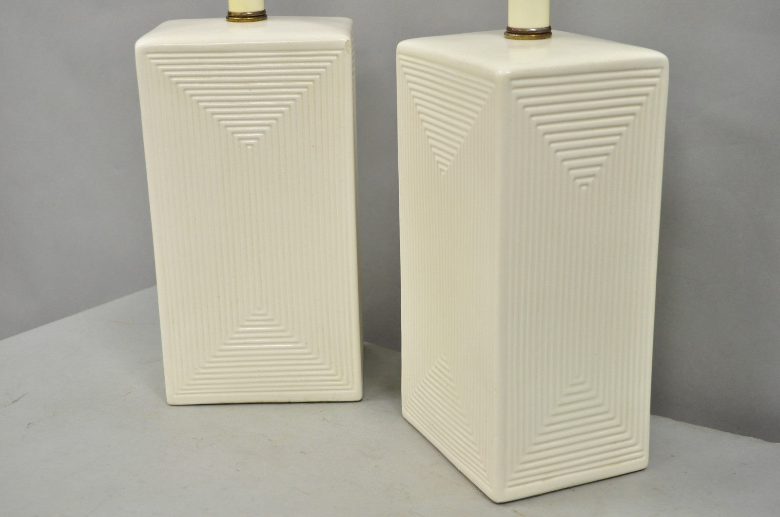 Vintage Mid Century Modern White Geometric Ceramic Cubist Table Lamps - a Pair