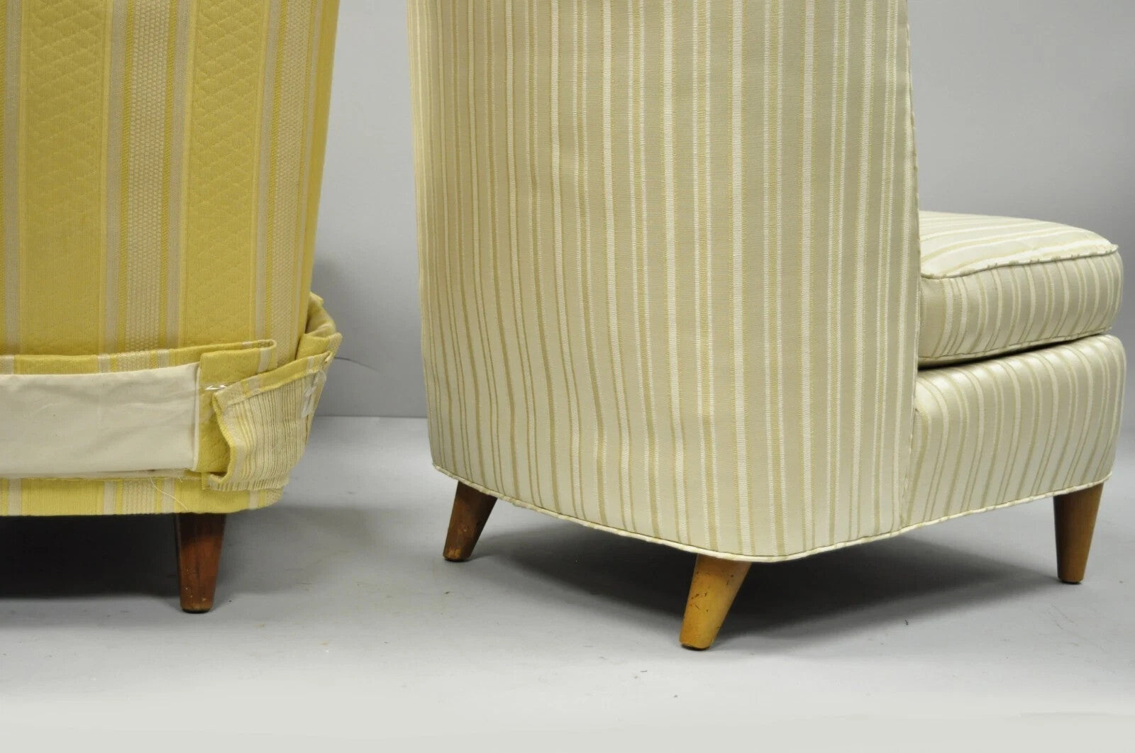 Paul Laszlo Mid Century Modern Upholstered Barrel Back Slipper Lounge Chair Pair