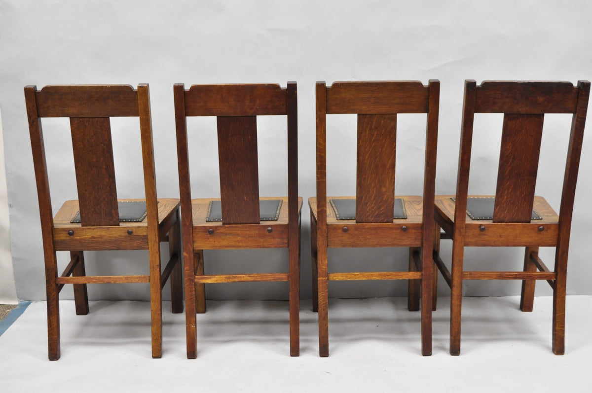 Antique Mission Oak Arts & Crafts T-Back Limbert Style Dining Chairs - Set of 4