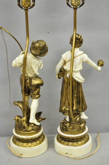 Antique French Victorian Moreau Figural Metal Boy and Girl Table Lamps - a Pair