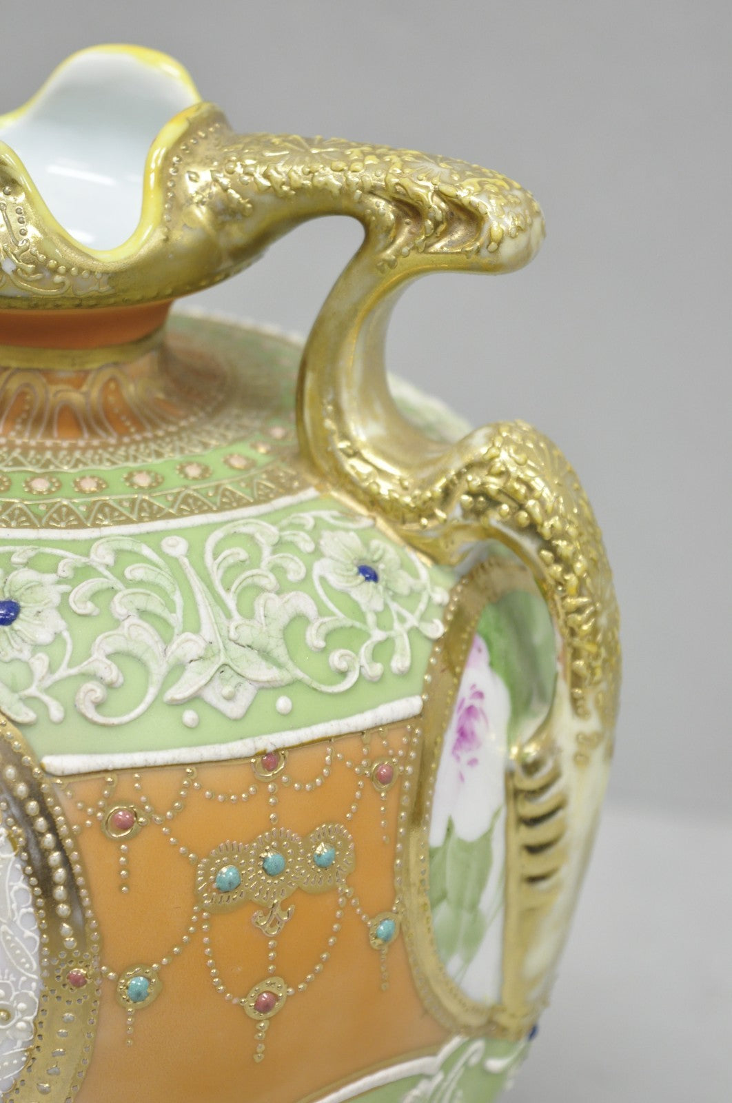 Antique Nippon Hand Painted Porcelain Green Moriage Twin Handle Portrait Vase