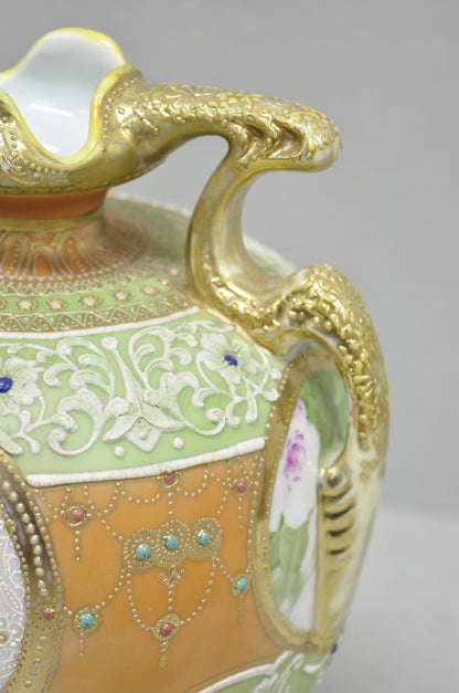 Antique Nippon Hand Painted Porcelain Green Moriage Twin Handle Portrait Vase