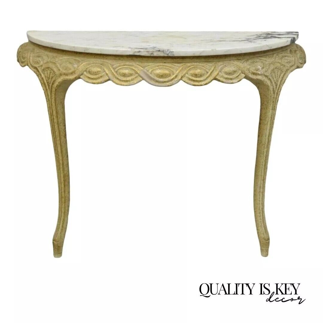 Italian Neoclassical Half Round Demilune Marble Top Ribbon Carved Console Table