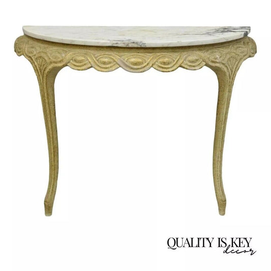 Italian Neoclassical Half Round Demilune Marble Top Ribbon Carved Console Table