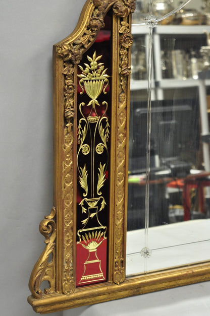Antique French Neoclassical Baroque Gold Gilt Gesso Red Glass Frame Wall Mirror
