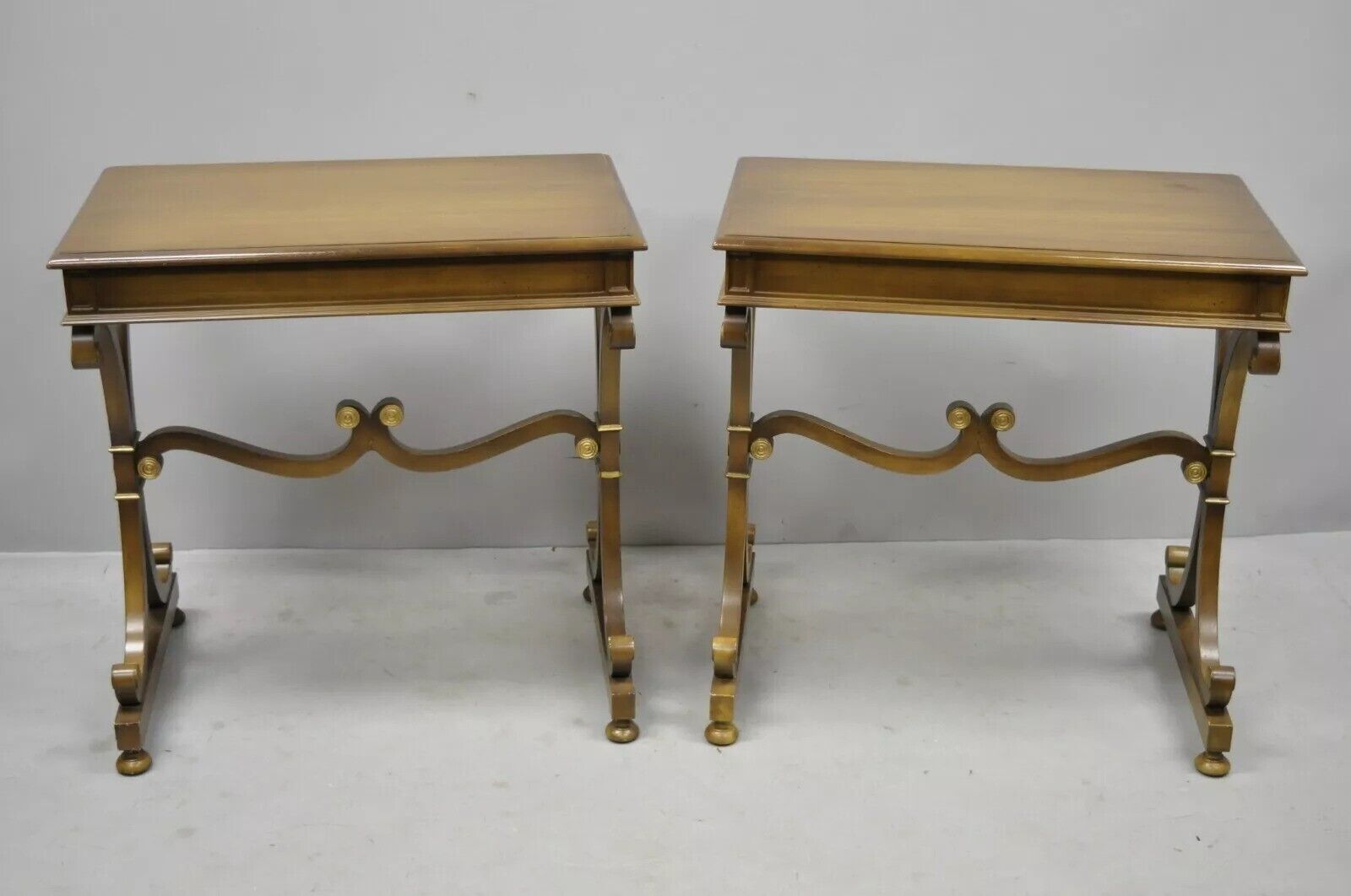 Vintage J. Zonon Regency Style X-Frame Mahogany Side Lamp Tables - a Pair