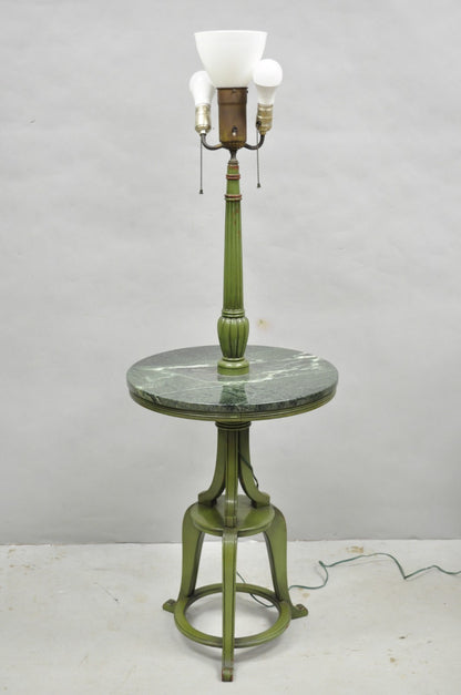 Hollywood Regency Tommi Parzinger Style Green Marble End Table Floor Lamp - Pair