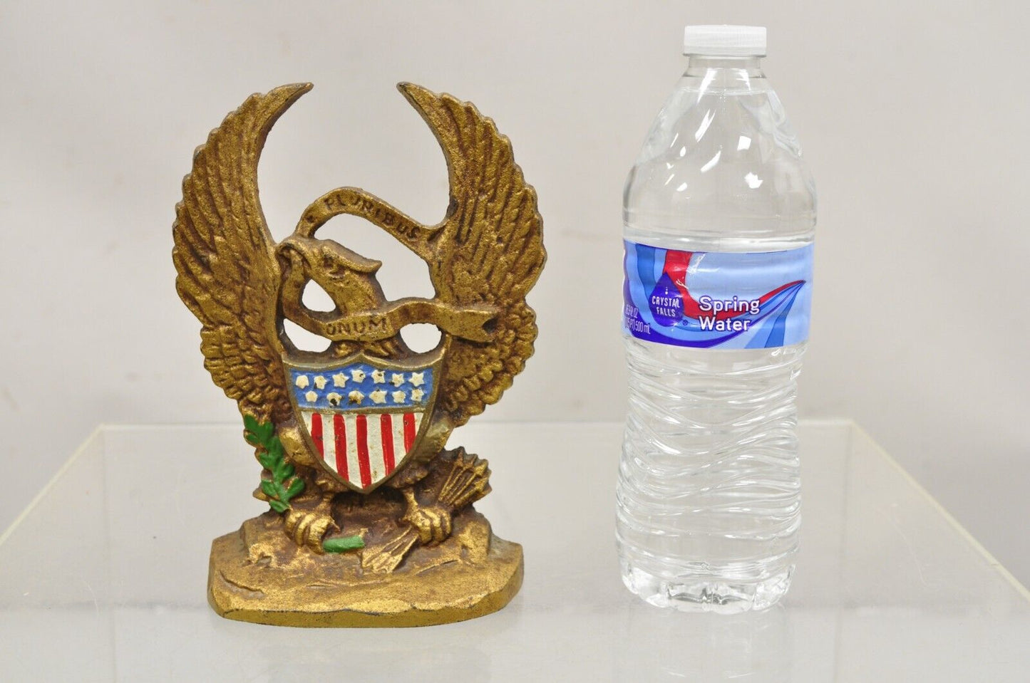 Antique Patriotic Cast Iron Figural Gold American Flag & Eagle Painted Door Stop