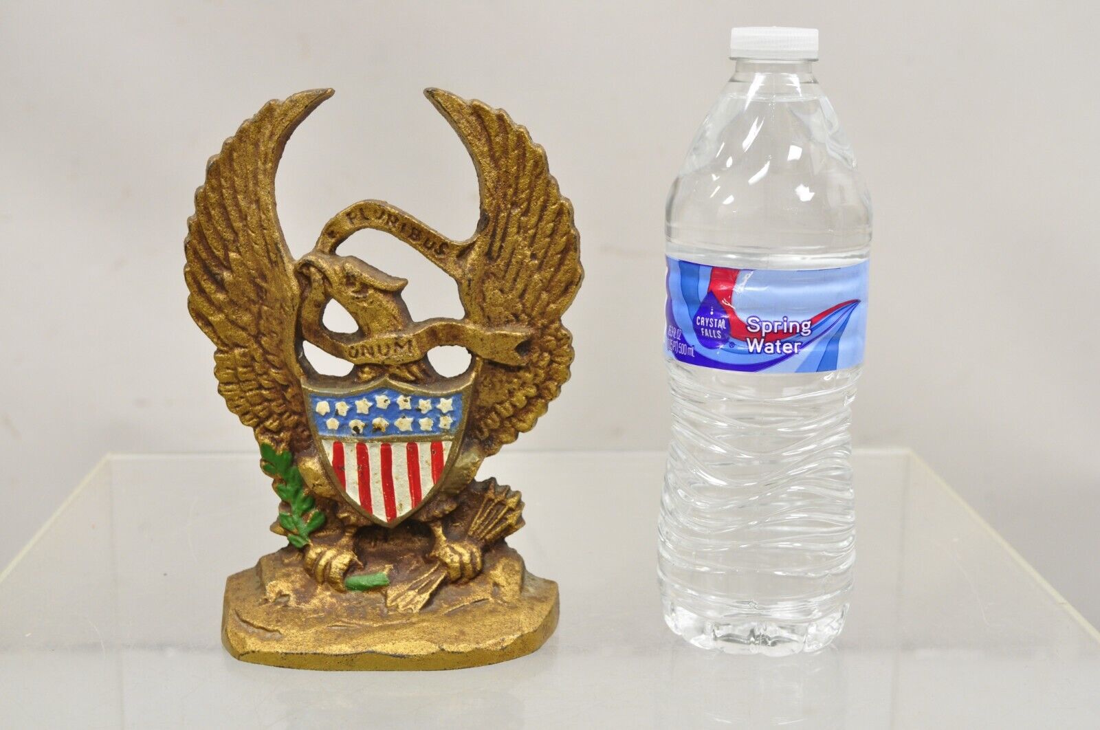 Antique Patriotic Cast Iron Figural Gold American Flag & Eagle Painted Door Stop