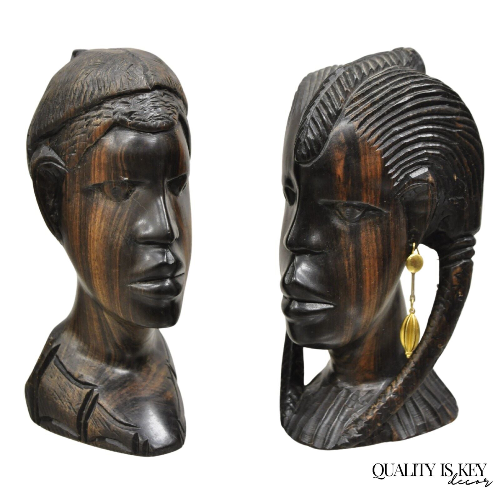 Vintage African Carved Ebony Wood 7" Male and Female Bust Statue Sculpture