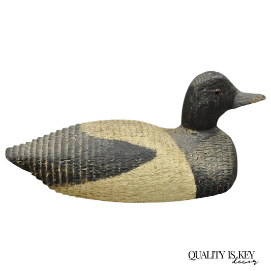 Antique Carved Wood Wooden Black and White 13" Mallard Duck Decoy w/ Glass Eyes